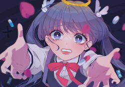 Rule 34 | 1girl, backpack, bag, black nails, bright pupils, clenched teeth, collared shirt, commentary, crying, diamond-shaped pupils, diamond (shape), dress shirt, eyeliner, falling petals, from above, halo, highres, long sleeves, loose hair strand, makeup, mascara, neck ribbon, outstretched arms, petals, pill, pink petals, purple eyes, purple hair, reaching, reaching towards viewer, red ribbon, ribbon, semi852, shirt, shuuten no saki ga aru to suru naraba (tuyu), solo, streaming tears, symbol-shaped pupils, tears, teeth, tuyu (band), twintails, unkempt, upper body, white pupils, white shirt, wing hair ornament, yellow halo