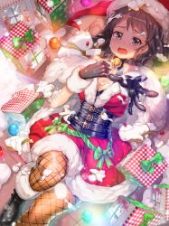 Rule 34 | 1girl, absurdres, bell, black footwear, black gloves, black hair, boots, box, breasts, cake, christmas, cleavage, crying, fishnet pantyhose, fishnets, food, food on face, fruit, gang road joker, gift, gift box, gloves, green eyes, hat, highres, in the face, jairou, jingle bell, lying, on back, open mouth, pantyhose, pie in face, reaching, reaching towards viewer, ribbon, santa costume, santa hat, short hair, solo, sparkle, strawberry, streaming tears, striped ribbon, tears, wavy mouth