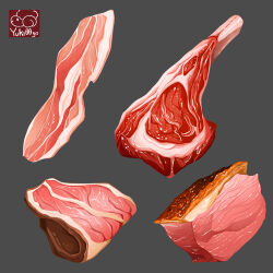 Rule 34 | artist logo, bacon, beef, food, food focus, grey background, highres, meat, no humans, original, pork, simple background, yuki00yo