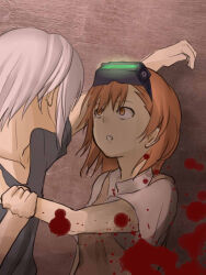 Rule 34 | 1boy, 1girl, accelerator (toaru majutsu no index), against wall, albino, bare arms, black shirt, blood, blood splatter, brown eyes, brown hair, brown sweater, brown sweater vest, brown vest, collared shirt, commentary request, empty eyes, from behind, glowing, goggles, goggles on head, hair ornament, hairpin, holding another&#039;s wrist, looking at another, medium bangs, medium hair, misaka imouto, negiko123123, night vision device, parted lips, school uniform, shirt, short sleeves, sleeveless, sleeveless sweater, summer uniform, sweater, sweater vest, toaru majutsu no index, toaru majutsu no index: old testament, tokiwadai school uniform, vest, white hair, white shirt