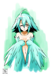 Rule 34 | 10s, 1girl, ahoge, aqua hair, aqua wings, covering privates, covering breasts, feathered wings, harpy, monster girl, monster musume no iru nichijou, navel, nude, one eye closed, papi (monster musume), s-now, signature, smile, solo, tongue, tongue out, upper body, winged arms, wings, yellow eyes