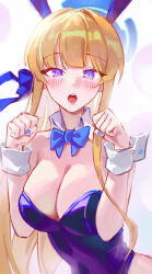 Rule 34 | 1girl, absurdres, animal ears, bare shoulders, blue archive, blue eyes, blue halo, blue leotard, blue nails, blunt bangs, clenched hands, detached collar, halo, highres, jinbin825, leotard, looking at viewer, nail polish, open mouth, rabbit ears, solo, toki (blue archive), toki (bunny) (blue archive)