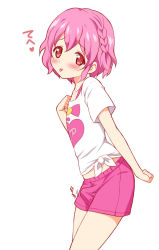 Rule 34 | 1boy, :p, blush, braid, bulge, chisato (missing park), clenched hand, collarbone, erection, erection under clothes, heart, reona west, male focus, pink hair, pink shorts, pretty series, pripara, red eyes, shirt, short hair, shorts, simple background, single braid, solo, text focus, tongue, tongue out, trap, white background, white shirt