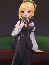 Rule 34 | 1girl, absurdres, ahoge, black pants, black vest, blonde hair, bow, bowtie, buttons, card, collared shirt, crossed legs, double-breasted, hamburger hat, hat, highres, jingburger, long sleeves, open mouth, pants, playing card, poker chip, red eyes, shirt, short hair, sitting, smile, solo, vest, virtual youtuber, waktaverse, white shirt, ziro (zirorong)