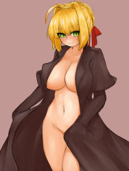 Rule 34 | 1girl, absurdres, blonde hair, blush, breasts, cleavage, coat, convenient censoring, fate/extra, fate/grand order, fate (series), green eyes, highres, long hair, looking at viewer, naked coat, nero claudius (fate), nero claudius (fate/extra), smile, solo, steamingtofu