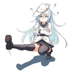 Rule 34 | 1girl, ?, bad id, bad twitter id, belt, black footwear, black thighhighs, cossack dance, grey eyes, hair between eyes, hammer and sickle, hibiki (kancolle), highres, inu3, kantai collection, loafers, school uniform, serafuku, shoes, silver hair, simple background, solo, star (symbol), thighhighs, verniy (kancolle), white background