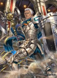 Rule 34 | 1boy, armor, armored boots, axe, boots, dark skin, dedue molinaro, fire emblem, fire emblem: three houses, fire emblem cipher, fur trim, gloves, green eyes, grey hair, male focus, manly, nintendo, official art, scar, shield, solo, sparkle, stairs, taneda kazuhiro, weapon, white hair