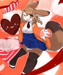 Rule 34 | artist request, brown eyes, brown hair, rabbit, chipar, chocolate, chocolate heart, furry, heart, highres, one eye closed, open mouth