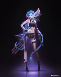 Rule 34 | 1girl, absurdres, arcane: league of legends, bare shoulders, blue hair, body freckles, boots, braid, braided ponytail, breasts, elbow gloves, fanfoxy, fingerless gloves, freckles, gloves, gun, highres, holding, holding gun, holding weapon, jinx (league of legends), league of legends, long hair, looking at viewer, pants, pink eyes, red lips, single thighhigh, small breasts, thighhighs, weapon