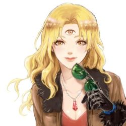 Rule 34 | 1girl, blonde hair, breasts, cleavage, closed mouth, gloves, jewelry, long hair, looking at viewer, lowres, necklace, opera vectra, simple background, smile, solo, star ocean, star ocean the second story, sunglasses, third eye, white background, yellow eyes