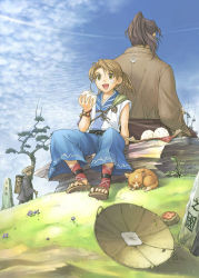 Rule 34 | 1girl, 2boys, :d, antenna hair, back-to-back, backpack, bag, brown eyes, brown hair, cat, cloud, day, eating, feet, flower, food, grass, grey hair, hat, japanese clothes, mitto, multiple boys, nature, onigiri, open mouth, original, outdoors, ponytail, rock, sandals, sash, sitting, sky, sleeping, smile, straw hat, toes, tree, cane, watanuki nao, wristband
