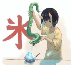 Rule 34 | 1girl, animal, aqua eyes, arm up, beige shirt, black hair, bob cut, bowl, closed mouth, collarbone, commentary, commentary request, english commentary, food, hands up, holding, holding animal, horns, kanji, looking down, mixed-language commentary, original, others (gogo-o), shaved ice, short hair, short sleeves, skin-covered horns, smile, snake, solo, split mouth, spoon, translation request, white background