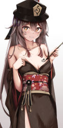 Rule 34 | 1girl, absurdres, bare shoulders, black hat, body writing, breasts, brown eyes, brown hair, brown kimono, collarbone, commentary, cowboy shot, drawn whiskers, english commentary, facial mark, flower-shaped pupils, genshin impact, hair between eyes, hat, heart, highres, holding, holding paintbrush, hu tao (genshin impact), japanese clothes, kimono, long hair, looking at viewer, medium breasts, nail polish, obi, paintbrush, sash, simple background, skai kun, smile, solo, standing, symbol-shaped pupils, very long hair, whisker markings, white background