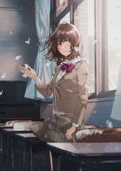Rule 34 | 1girl, blazer, blush, bow, bowtie, brown eyes, brown hair, brown jacket, brown skirt, chair, character request, classroom, closed mouth, collared shirt, copyright request, curtains, desk, dress shirt, fly (marguerite), highres, indoors, jacket, long sleeves, plaid, plaid skirt, red bow, red bowtie, school uniform, shirt, short hair, skirt, smile, solo, standing, white shirt, window