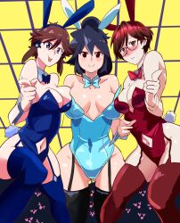 Rule 34 | 3girls, animal ears, bare shoulders, black eyes, black hair, black thighhighs, blue bow, blue bowtie, blue eyes, blue leotard, blue thighhighs, blush, borrowed character, bow, bowtie, breasts, breasts apart, brown eyes, brown hair, character request, cleavage, clothing cutout, covered navel, deanialsart, detached collar, earrings, fake animal ears, fake tail, freckles, highres, jewelry, large breasts, leotard, long hair, lucia (scott malin), medium breasts, medium hair, multiple girls, navel cutout, original, photoshop (medium), playboy bunny, pointing, ponytail, rabbit ears, rabbit tail, red bow, red bowtie, red hair, red leotard, red thighhighs, short hair, strapless, strapless leotard, tail, thighhighs, tongue, tongue out, wrist cuffs
