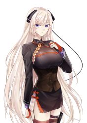 Rule 34 | 1girl, absurdres, black corset, black skirt, black thighhighs, blonde hair, breasts, commission, corset, g3 (girls&#039; frontline), g3 (mod3) (girls&#039; frontline), girls&#039; frontline, hair ornament, hand on breast, highres, large breasts, long hair, looking at viewer, mod3 (girls&#039; frontline), pixiv commission, purple eyes, skirt, solo, standing, suprii, thighhighs, white background
