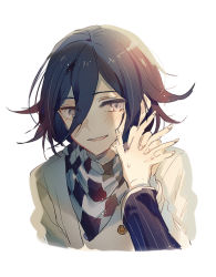 Rule 34 | 2boys, black hair, blush, checkered clothes, checkered scarf, commentary request, cropped arms, cropped torso, danganronpa (series), danganronpa v3: killing harmony, grey jacket, hair between eyes, hand up, interlocked fingers, jacket, long sleeves, looking at viewer, male focus, multiple boys, oma kokichi, onko, parted lips, saihara shuichi, scarf, simple background, smile, solo focus, striped clothes, striped jacket, sweatdrop, teeth, upper body, white background, yaoi