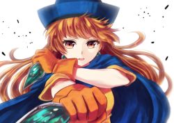 Rule 34 | 1girl, alena (dq4), bad id, bad pixiv id, cape, chunsoft, dragon quest, dragon quest iv, dual wielding, earrings, enix, foreshortening, gloves, hat, holding, jewelry, matching hair/eyes, md5 mismatch, nunucco, orange eyes, orange hair, outstretched arm, portrait, short sleeves, simple background, solo