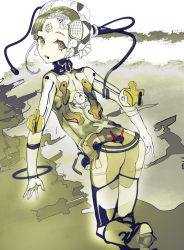 Rule 34 | 1girl, android, looking at viewer, looking back, monochrome, open mouth, original, robot, solo, uturo, yellow eyes