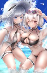 Rule 34 | 2girls, armpits, asymmetrical docking, azur lane, belfast (azur lane), bikini, black bikini, blue eyes, blush, braid, breast press, breasts, chain, choker, cleavage, closed mouth, collar, collarbone, commentary request, covered erect nipples, day, eyewear on head, french braid, hair between eyes, hat, heart, heart-shaped eyewear, highres, hikagen yoshio, large breasts, long hair, looking at viewer, multiple girls, navel, o-ring, o-ring top, one eye closed, outdoors, paper airplane, red eyes, scrunchie, see-through, short hair, short twintails, side braid, sirius (azur lane), sirius (scorching-hot seirios) (azur lane), sky, smile, straw hat, sun hat, sunglasses, swimsuit, thigh strap, twintails, very long hair, white hair, white headwear, white scrunchie, wrist scrunchie