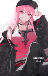 Rule 34 | black hat, black pants, chain, choker, crossed legs, earrings, hat, highres, hololive, hololive english, hoop earrings, jacket, jewelry, looking at viewer, mori calliope, necklace, pants, pink hair, red eyes, red nails, ring, see-through, simple background, virtual youtuber, yukisame