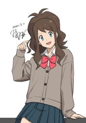 Rule 34 | 1girl, :d, alternate costume, antenna hair, arm support, blue eyes, bow, bowtie, brown hair, buttons, cardigan, collared shirt, commentary request, creatures (company), dated, eyelashes, game freak, hand up, highres, hilda (pokemon), leaning, long hair, long sleeves, looking at viewer, nintendo, one-hour drawing challenge, open mouth, pink bow, pleated skirt, pokemon, pokemon bw, school uniform, shirt, sidelocks, signature, skirt, sleeves past wrists, smile, solo, tamura (kouititamura), tongue, white background, white shirt