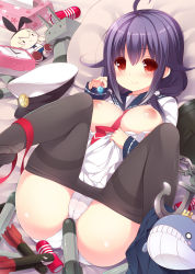 Rule 34 | 10s, 1girl, ahoge, anchor, artificial vagina, black pantyhose, blush, breasts, breasts out, cameltoe, character doll, cleft of venus, clock, clothes pull, hair between eyes, hat, kantai collection, large breasts, looking at viewer, lying, magatama, nipples, on back, panties, pantyhose, pantyhose pull, peaked cap, pillow, purple hair, red eyes, rensouhou-chan, school uniform, serafuku, sex toy, shimakaze (kancolle), smile, solo, taigei (kancolle), tenga, thighband pantyhose, tissue box, torpedo, underwear, watanon (gakushokutei), whale, white panties