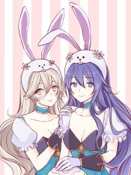 Rule 34 | 2girls, animal ears, blue eyes, blue hair, breasts, cleavage, closed mouth, corrin (female) (fire emblem), corrin (fire emblem), cosplay, fake animal ears, fire emblem, fire emblem awakening, fire emblem fates, fire emblem heroes, gloves, highres, long hair, lucina (fire emblem), lucina (fire emblem) (cosplay), lucina (spring) (fire emblem), multiple girls, nintendo, official alternate costume, rabbit ears, red eyes, roroichi, simple background, smile, upper body, white gloves, white hair