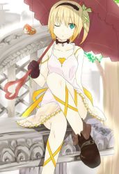Rule 34 | 10s, 1girl, bare shoulders, breasts, choker, dress, edna (tales), gloves, hairband, long hair, one eye closed, open mouth, ribbon, shoes, side ponytail, small breasts, tales of (series), tales of zestiria, tree, umbrella
