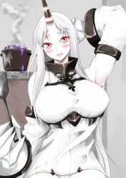 Rule 34 | 10s, 1girl, abyssal ship, arm behind head, bad food, blush, breasts, claws, cooking, detached sleeves, dress, highres, horns, kantai collection, large breasts, long hair, mi ti, pale skin, pot, red eyes, ribbed dress, seaport princess, short dress, single horn, solo, spatula, sweatdrop, very long hair, white hair