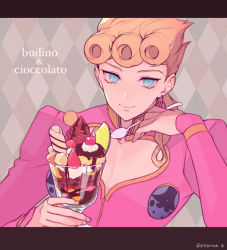 Rule 34 | 1boy, 723 (tobi), blonde hair, blue eyes, braid, braided ponytail, closed eyes, closed mouth, cup, food, giorno giovanna, holding, holding cup, holding spoon, ice cream, jacket, jojo no kimyou na bouken, long hair, looking at viewer, pink jacket, smile, solo, spoon, twitter username, vento aureo