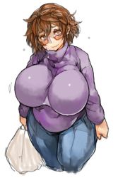 Rule 34 | 1girl, bag, blush, bouncing breasts, breasts, brown eyes, brown hair, character request, copyright request, denim, glasses, holding, huge breasts, impossible clothes, impossible sweater, jeans, long sleeves, looking up, messy hair, motion lines, pants, perky breasts, plump, red-framed eyewear, sachito, short hair, simple background, solo, sweat, sweater, thick eyebrows, thick thighs, thighs, white background