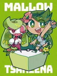 Rule 34 | 1girl, 1other, arm up, character name, commentary request, covered mouth, creatures (company), denim, dithering, english text, eyes visible through hair, flower, game freak, gen 7 pokemon, green background, green eyes, green footwear, green hair, green theme, hair flower, hair ornament, hairband, half-closed eyes, hatching (texture), holding, holding spoon, jeans, ladle, leaf, leg up, linear hatching, mallow (pokemon), nekopon1478, nintendo, one eye closed, overalls, pants, pink flower, poke ball symbol, pokemon, pokemon (creature), pokemon sm, purple flower, shoes, sneakers, spoon, tareme, teeth, tsareena, upper teeth only, wink, yellow flower