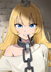 Rule 34 | 1girl, blonde hair, blue eyes, brick wall, chain, collar, collarbone, crown, food, food in mouth, glint, hair between eyes, hime-sama &quot;goumon&quot; no jikan desu, hime (himesama goumon), long hair, looking at viewer, metal collar, mini crown, paramisan, parted lips, pocky, pocky day, pocky in mouth, shirt, smile, solo, upper body, white shirt