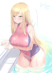 Rule 34 | 1girl, artist name, blonde hair, blush, bosshi, breasts, closed mouth, collarbone, competition swimsuit, covered navel, green eyes, highres, large breasts, long hair, looking at viewer, ojousama wa h ga osuki, one-piece swimsuit, reira (ojousama), solo, swimsuit, wading, water