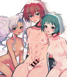 Rule 34 | 1boy, 2girls, abs, absurdres, akimachi, babydoll, bar censor, black choker, black gloves, blue eyes, blush, breasts, censored, choker, commentary, completely nude, dark-skinned female, dark skin, erection, eyelashes, farah oersted, fluffy hair, gloves, green hair, hair between eyes, heart, heart censor, highres, lingerie, long hair, looking at viewer, medium breasts, meredy (tales), multiple girls, navel, nude, open mouth, pectorals, purple hair, red hair, reid hershel, revealing clothes, see-through, see-through babydoll, seiza, short hair, sitting, small breasts, symbol-only commentary, tales of (series), tales of eternia, testicles, trap, twintails, underwear, veil, white babydoll, white background