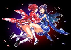 Rule 34 | 10s, 2girls, alternate hairstyle, blue hair, blush, candy apple, earrings, engawa (rarenago), floral print, food, hair bun, hair ornament, holding hands, japanese clothes, jewelry, kimono, long hair, looking at viewer, love live!, love live! school idol festival, love live! school idol project, multiple girls, nishikino maki, purple eyes, red hair, sandals, side bun, single hair bun, single side bun, socks, sonoda umi, wide sleeves, yellow eyes