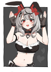 Rule 34 | 1girl, animal ears, bare shoulders, belt collar, blush, bow, breasts, character request, cleavage, collar, collarbone, copyright request, fake animal ears, fangs, fingerless gloves, gloves, grey hair, hair bow, hair ornament, heart collar, highres, hololive, holox, large breasts, medium hair, midriff, navel, open mouth, rabbit ears, red bow, red eyes, sakamata chloe, saple, smile, tears, virtual youtuber, x hair ornament