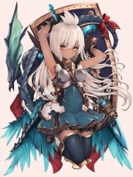 Rule 34 | 1girl, armor, armored dress, bad id, bad pixiv id, bare shoulders, black thighhighs, blue dress, blush, breasts, commentary request, dark-skinned female, dark skin, dragon, dress, feathered wings, feathers, granblue fantasy, hair between eyes, hair ornament, highres, long hair, looking at viewer, medium breasts, orange eyes, red eyes, red ribbon, resolution mismatch, ribbon, simple background, smile, snm (sunimi), solo, source smaller, thighhighs, white background, white hair, wings, zooey (granblue fantasy)