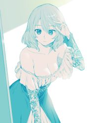 Rule 34 | 1girl, adjusting hair, arm up, armpit crease, assault lily, bare shoulders, breasts, cleavage, closed mouth, collarbone, commentary, cowboy shot, cross-laced clothes, detached sleeves, dress, floral print, frilled dress, frilled sleeves, frills, hair between eyes, hata matsuri, highres, lace sleeves, layered dress, leaning forward, long sleeves, looking at mirror, medium breasts, medium hair, mirror, monochrome, off-shoulder dress, off shoulder, print sleeves, short sleeves, simple background, solo, standing, tori udon, white background