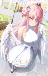 Rule 34 | 1girl, absurdres, angel wings, arms behind back, bare shoulders, blue archive, doggo34476335, dress, feathered wings, foreshortening, frilled ribbon, frills, green eyes, hair bun, halo, highres, long hair, low wings, mika (blue archive), pink hair, pink halo, pout, ribbon, single side bun, sleeveless, sleeveless dress, white dress, white wings, wing ornament, wings