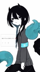 Rule 34 | 1girl, armband, asymmetrical hair, black eyes, black hair, black ribbon, blazer, blue armband, blue tongue, braid, colored tongue, commentary, cowboy shot, expressionless, from side, grey jacket, grey skirt, half-closed eyes, highres, horns, indie virtual youtuber, jacket, long hair, looking at viewer, looking to the side, low twin braids, neck ribbon, parted lips, pleated skirt, re (r i m 000), ribbon, ringed eyes, school uniform, screenshot inset, simple background, skirt, solo, stitched neck, stitches, tentacles, translation request, twin braids, virtual youtuber, wavy eyes, white background, yamata ia