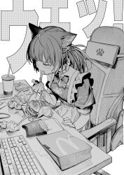 Rule 34 | 1girl, absurdres, akami karubi, animal ears, apron, bow, bowtie, burger, cat ears, chair, choker, closed eyes, commentary request, cup, desk, disposable cup, dress, fast food, food, french fries, frilled apron, frills, gaming chair, greyscale, hair ornament, hair ribbon, heart, heart hair ornament, highres, indie virtual youtuber, keyboard (computer), long hair, maid apron, mcdonald&#039;s, monochrome, mouse (computer), ponytail, ribbon, sitting, solo, swivel chair, tissue, unti no azi, virtual youtuber, vomit, vomiting