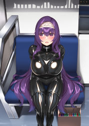 Rule 34 | 1girl, absurdres, arms behind back, black bodysuit, blush, bodysuit, bondage outfit, bound, breasts, female focus, hairband, hie (hiememiko), hiememiko, highres, huge breasts, latex, latex bodysuit, long hair, looking away, looking to the side, original, purple eyes, purple hair, shiny clothes, skin tight, solo, tearing up, train, train interior
