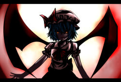 Rule 34 | 1girl, bat wings, blue eyes, bow, dress, glowing, glowing eyes, hat, hat bow, highres, letterboxed, moon, red eyes, red moon, remilia scarlet, shade, shaded face, solo, touhou, wings, yagami (mukage)