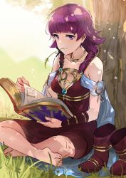 Rule 34 | 1girl, barefoot, book, boots, unworn boots, dress, feet, fire emblem, fire emblem: the sacred stones, grass, highres, holding, holding book, leaning back, looking at viewer, lute (fire emblem), mouth hold, nintendo, ormille, purple eyes, purple hair, sitting, smile, solo, stalk in mouth, toes