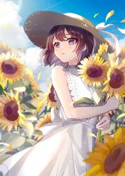 Rule 34 | 1girl, absurdres, back bow, bare arms, bare shoulders, blue sky, blush, bow, brown hat, commentary, cowboy shot, day, dress, english commentary, film grain, flower, hat, highres, holding, holding flower, huge filesize, looking to the side, original, outdoors, oyuyu, petals, purple eyes, purple hair, short hair, sky, sleeveless, sleeveless dress, solo, straw hat, sunflower, sunflower petals, white bow, white dress, yellow flower