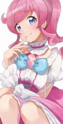 Rule 34 | 1girl, blue bow, blush, bow, brooch, choker, close-up, closed mouth, commentary, corset, detached sleeves, dress, dress bow, finger to mouth, frilled choker, frills, head tilt, heart, heart bow, heart brooch, high ponytail, highres, hiroki (yyqw7151), idol, jewelry, kiratto pri chan, knees up, layered dress, legs together, long hair, looking at viewer, momoyama mirai, pink dress, pink hair, pretty series, puffy short sleeves, puffy sleeves, purple eyes, short sleeves, sidelocks, simple background, sitting, smile, solo, white background, white dress, white sleeves