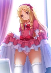 Rule 34 | 10s, 1girl, blonde hair, blush, bow, cameltoe, clothes lift, dress, dress lift, drill hair, eromanga sensei, female focus, hair bow, highres, kazenokaze, lifting own clothes, long hair, looking at viewer, panties, pink eyes, pink panties, pointy ears, red bow, solo, thighhighs, twin drills, underwear, wavy mouth, white thighhighs, yamada elf