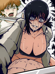 Rule 34 | 1boy, 1girl, alternate breast size, black hair, blade to throat, blonde hair, breasts, chainsaw man, collared shirt, crazy eyes, crying, crying with eyes open, denji (chainsaw man), drooling, hair ornament, hairclip, half-closed eye, higashiyama kobeni, highres, holding, holding knife, imminent rape, knife, large breasts, looking at another, looking at viewer, mark gavatino, medium hair, open clothes, open mouth, open shirt, pov, shaded face, sharp teeth, shirt, short hair, short ponytail, single sidelock, smile, sweat, swept bangs, tears, teeth, tongue, tongue out, topless male, uneven eyes, white shirt, yandere